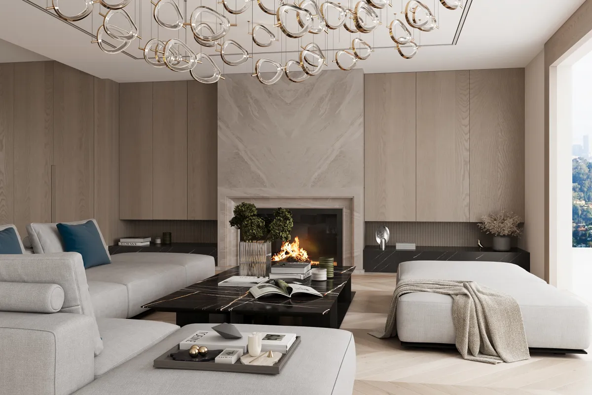 Интерьер пентхауза с камином